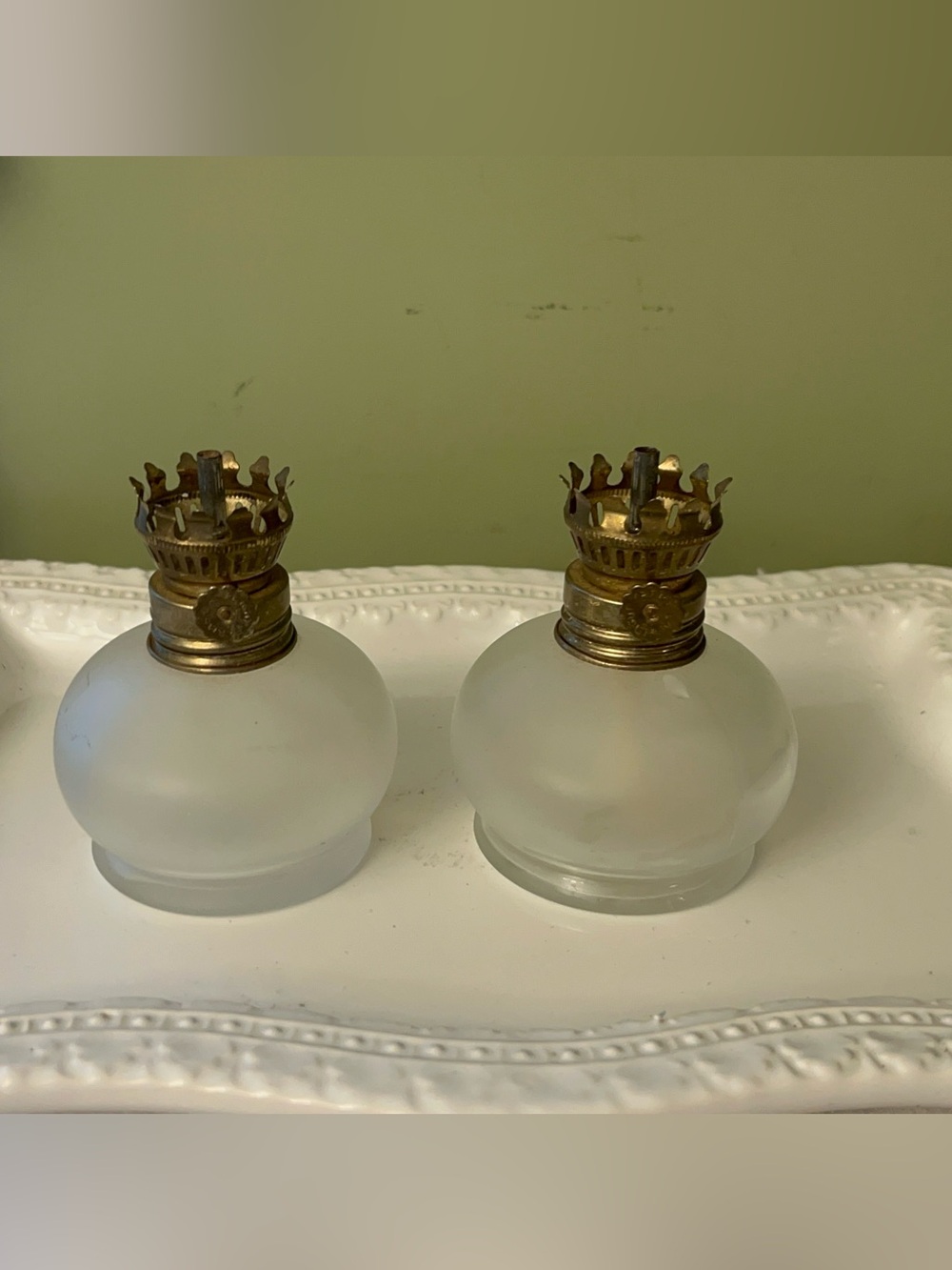 Frosted Glass Lantern Oil Lamps with Brass Crowns - Set of 2